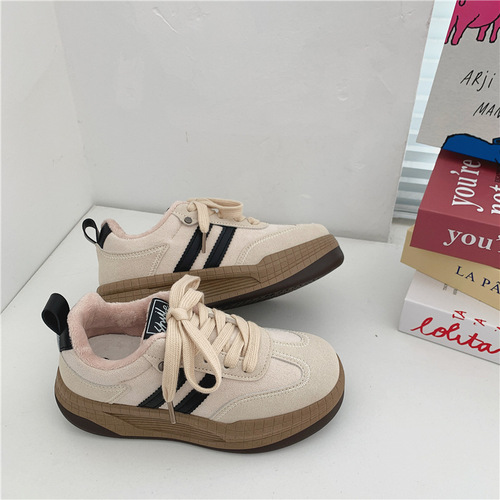 Women's  New Korean Version Casual Winter Canvas Shoes with Thick Soles and Fleece Lining, Versatile British Style White Training Shoes with Fleece and Cotton Insoles