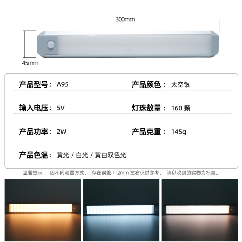 Fuente fabricante recargable luz nocturna luz de sensor de cuerpo humano led inteligente luz de armario de pared luz de armario de succión magnética de batería