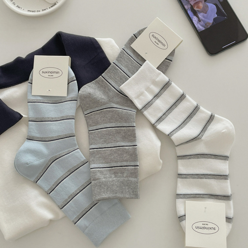Suxinaimin Gray Socks for Women, Mid-Calf Socks, Spring and Summer Thin Style, Trendy Internet Celebrity Versatile Thin Striped Slouch Socks