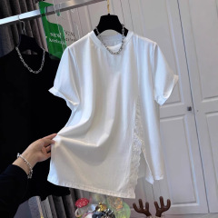 特大サイズ純綿300斤レースのつなぎ合わせが不規則で、半袖純綿tシャツの女性独特なヨーロッパスタイルです。