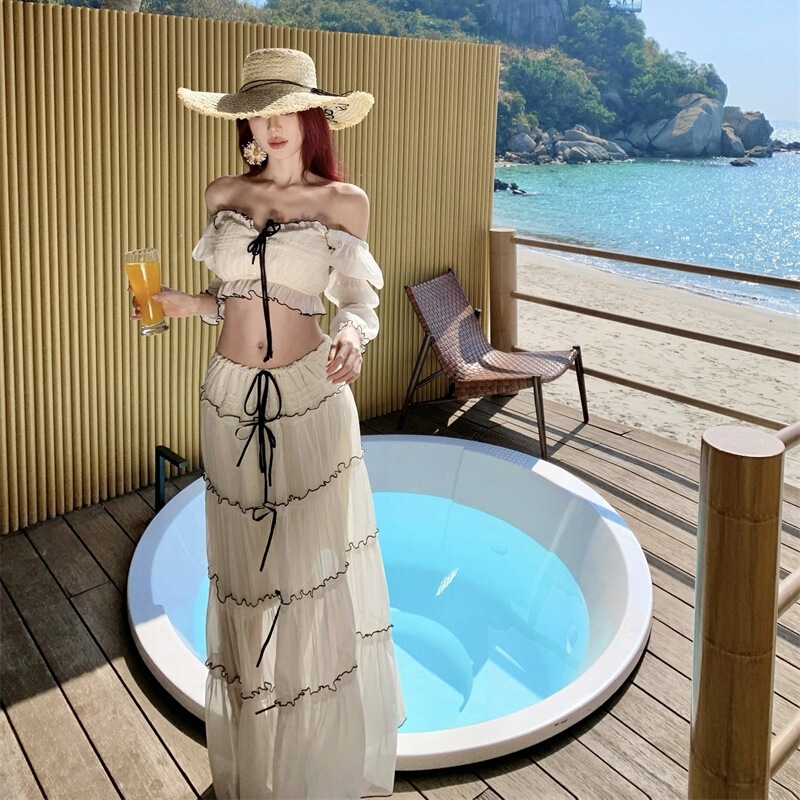 Three-Dimensional Lace Tube Top Long-Sleeve Three-Piece Set Slimming Vacation Style Women's French Beach Chiffon Long Dress in Apricot Color