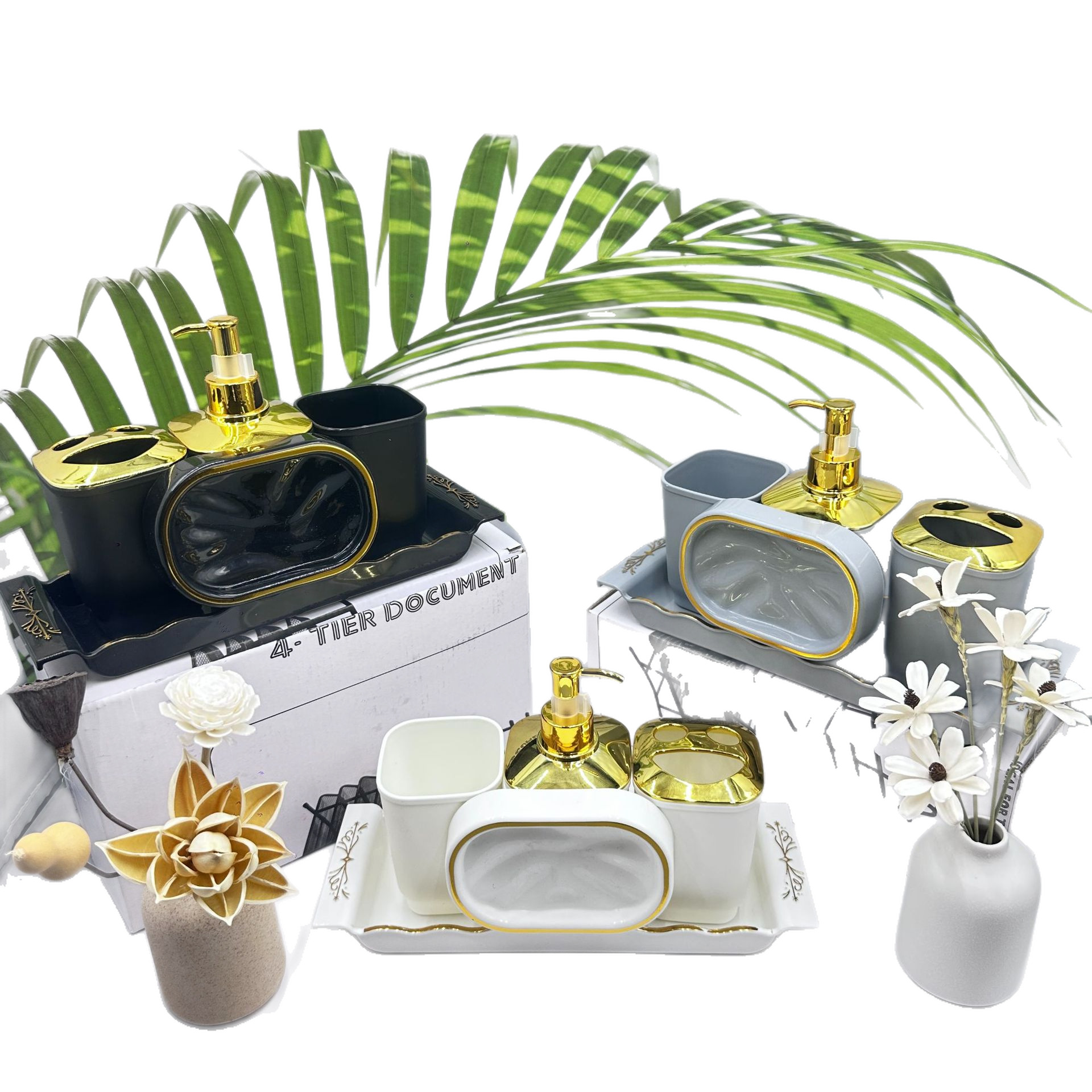 Cuadrado PS. PP material conjunto de baño 5 piezas conjunto de botella de loción cepillo de dientes enjuague bucal caja de jabón bandeja 5 conjuntos