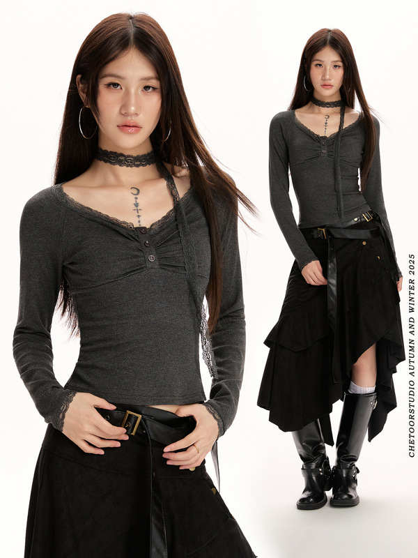 260g Rayon Gray Lace Long-Sleeved V Neck T-Shirt for Women Spring & Fall New Slim Bottoming Shirt Sexy Top 260g Rayon Gray Lace Long-Sleeved V Neck T-Shirt for Women Spring & Fall New Slim Bottoming Shirt Sexy Top