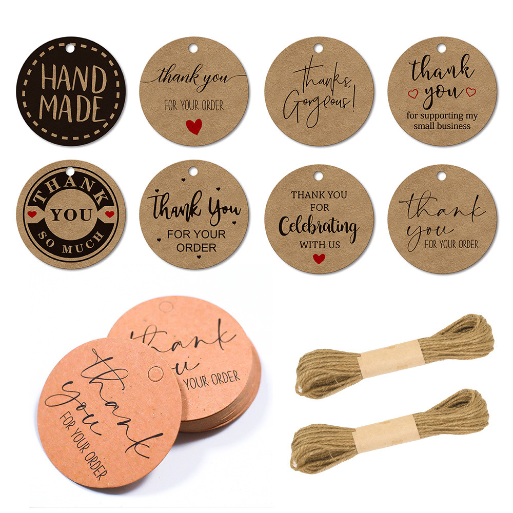 50个/包圆形标签谢谢礼品标签10m麻绳天然黄麻线牛皮纸吊牌标签