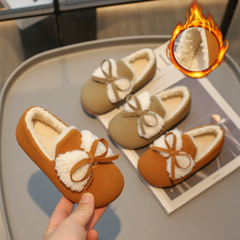 Детская хлопковая обувь 2023 Зимняя плюшевая обувь в Корейском стиле в западном стиле для девочек, милая плюшевая обувь с бантом, детская обувь, модная