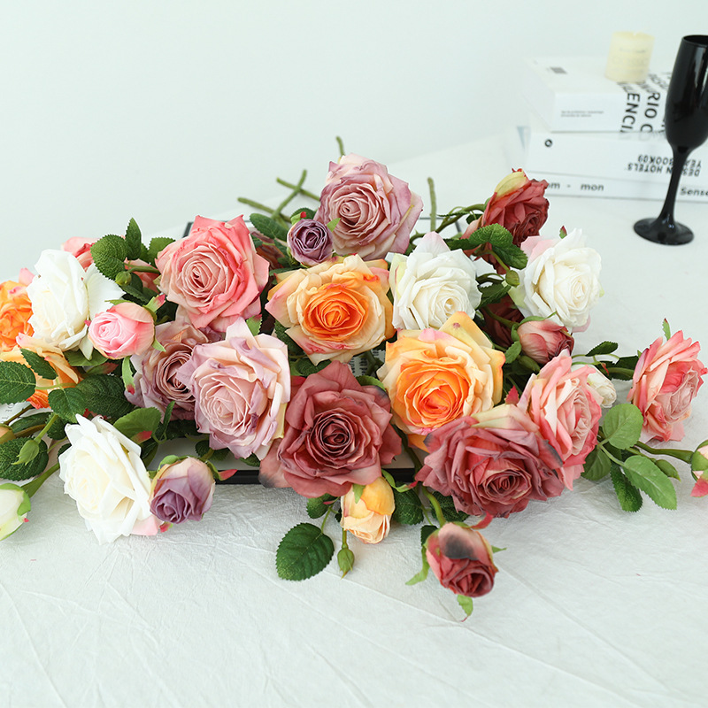 法式3头焦边玫瑰花假花复古客厅餐桌仿真花装饰摆件插花家居婚庆|undefined