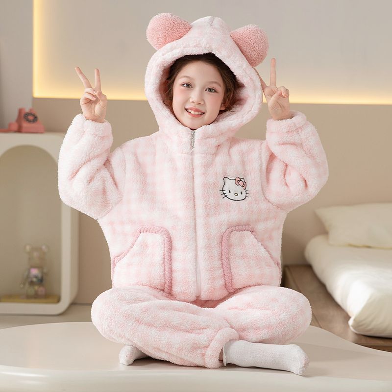 Cross-border girls' pajamas 2026 new autumn and winter coral fleece thickened flannel big girls children's homewear