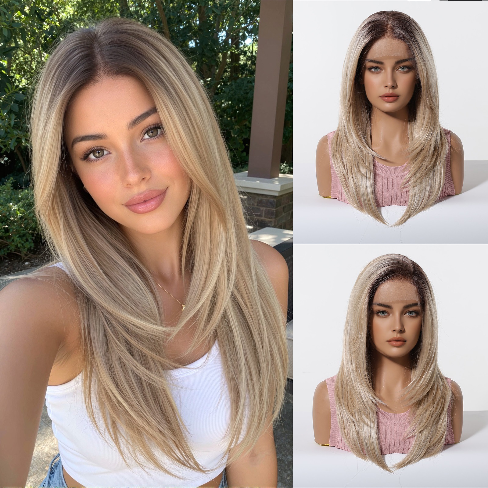 Peluca de encaje transfronteriza 13*6HD de gran superficie con raya al medio, cabello largo y liso negro-marrón, peluca de encaje completa de moda.