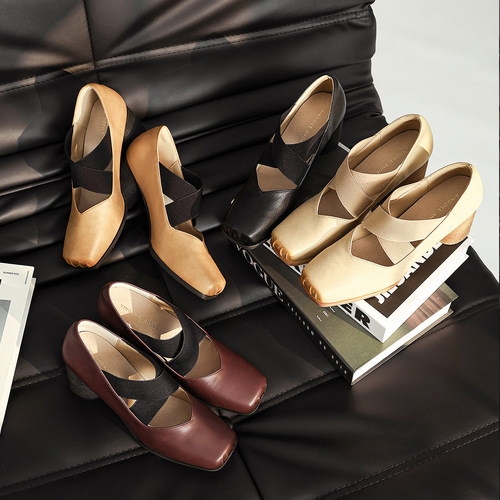 Genuine leather ballet shoes for women, high heels, retro outer wear, French square toe pig nose single shoes, thick heel cross Mary Jane shoes for women