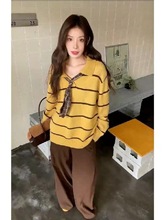 韩系翻领长袖条纹毛衣2025新款秋装宽松慵懒风洋气百搭针织上衣潮