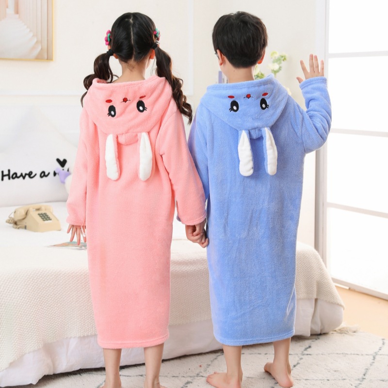 儿童浴袍吸水速干长袖秋冬加厚带帽斗篷浴衣浴巾男女童珊瑚绒睡袍