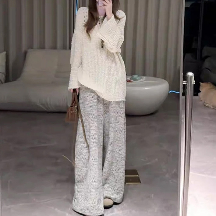 灰色慵懒小香风斜纹银丝阔腿裤女秋季新款高腰显瘦休闲时尚直筒裤|undefined