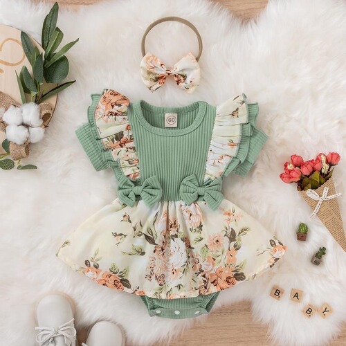 Baby clothes one-piece dress, baby broken lace bow triangle clothes, short-sleeved, 120g cotton one-piece dress