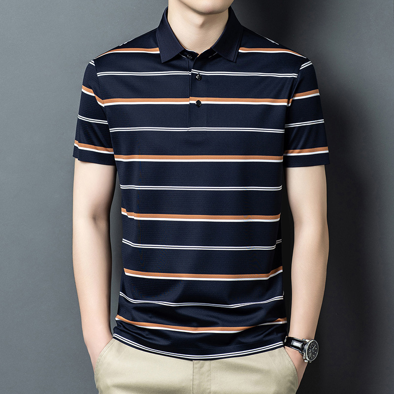 Simple Luxury Brand Men's Summer High-End Classic Striped T-Shirt New Short-Sleeve Casual Silk Top for Middle-Aged Dads Simple Luxury Brand Men's Summer High-End Classic Striped T-Shirt New Short-Sleeve Casual Silk Top for Middle-Aged Dads