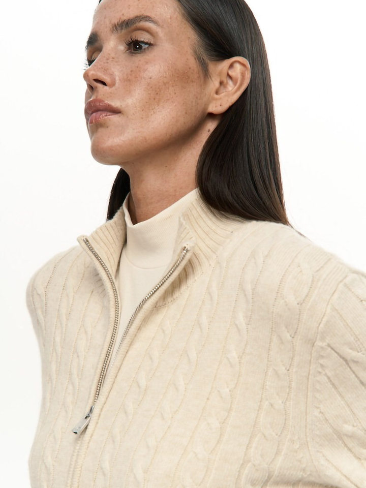 Bộ áo len cardigan khóa kéo dáng ôm tay dài và quần ống đứng — Màu be, Màu xanh dương, màu xám chi tiết 4