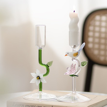 创玻璃高脚轻奢粉色花鸟浪漫烛台高硼硅玻璃蜡烛烛台摆件家用
