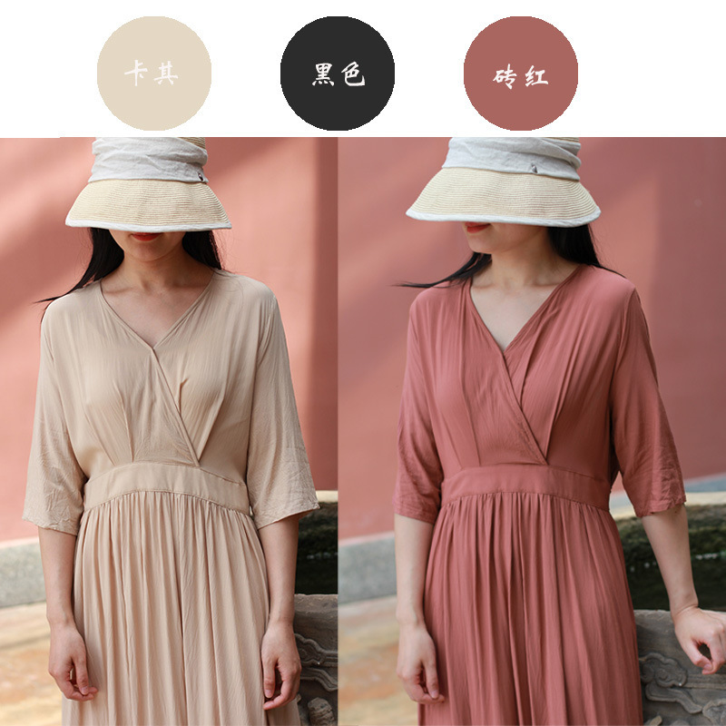 Women's Cotton and Linen Artistic Loose V-neck Mid-sleeve Lace-up Antique Dress Hanfu National Style Retro Large Swing Dress 21501