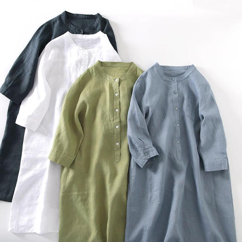 Japanese-Style Export 2026 Linen Dress for Women, Solid Color Casual Ramie Shirt Dress, Loose Mid-Sleeve Cotton-Linen Long Dress