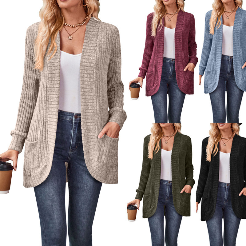 2024 Cross-Border Autumn New Product Amazon Solid Color Ribbed Brushed Casual Patchwork Long-Sleeve Cardigan Jacket