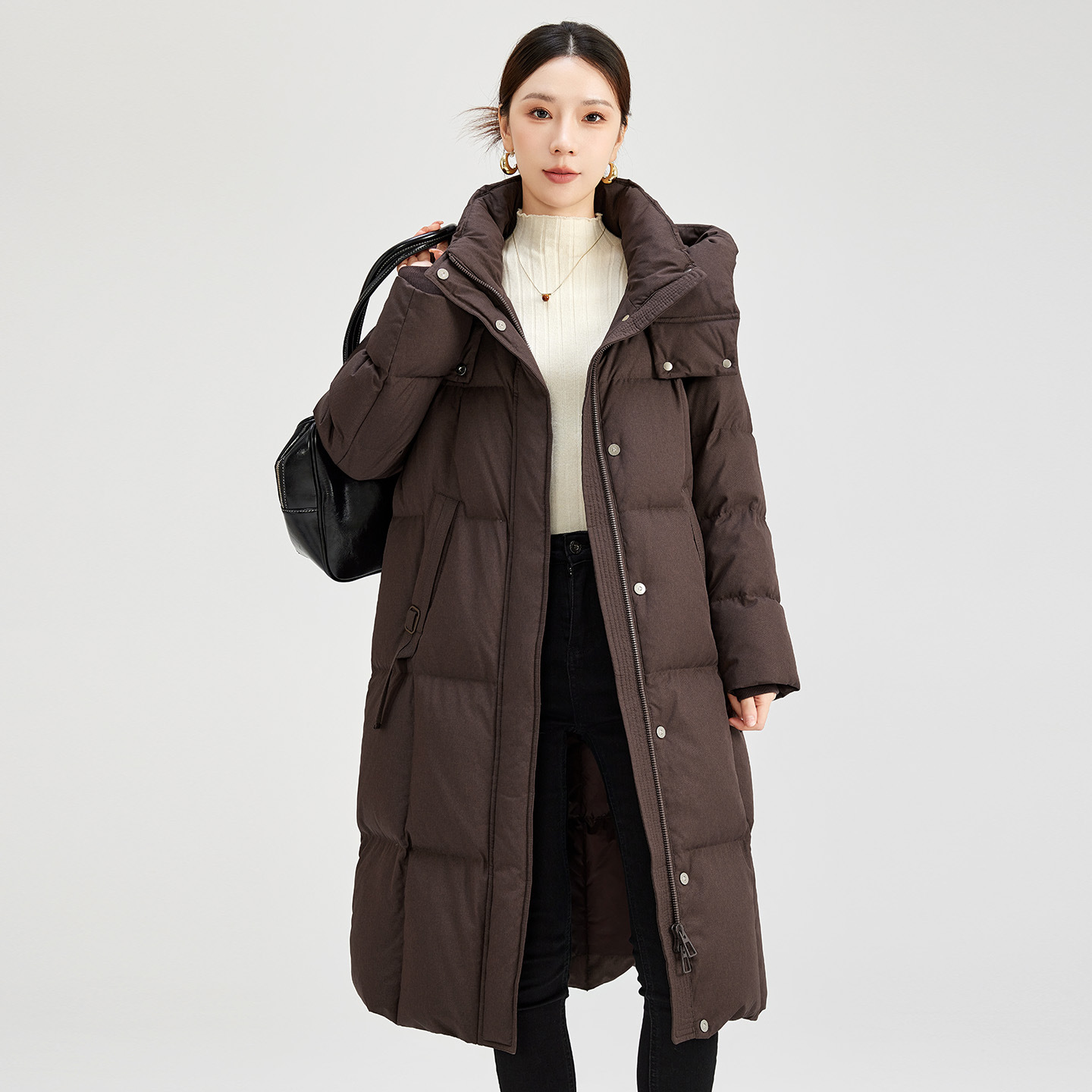 冬季新款连帽中长款鹅绒服高级感黑色过膝加厚休闲风显瘦外套5199