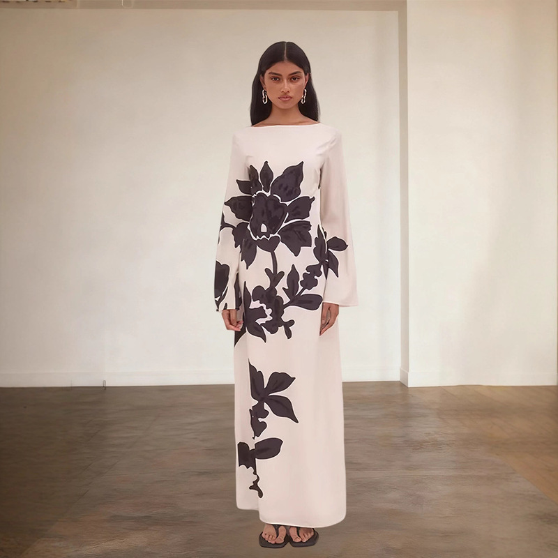 Floral Print Long Dress, Off-White Color-Blocking Off-The-Shoulder Loose Gown, Cross-Border Women's Fashion 2025