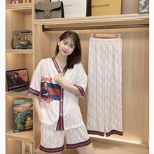 新款夏季冰丝短袖长裤三件套女高级感开衫宽松网红大码睡衣家居服