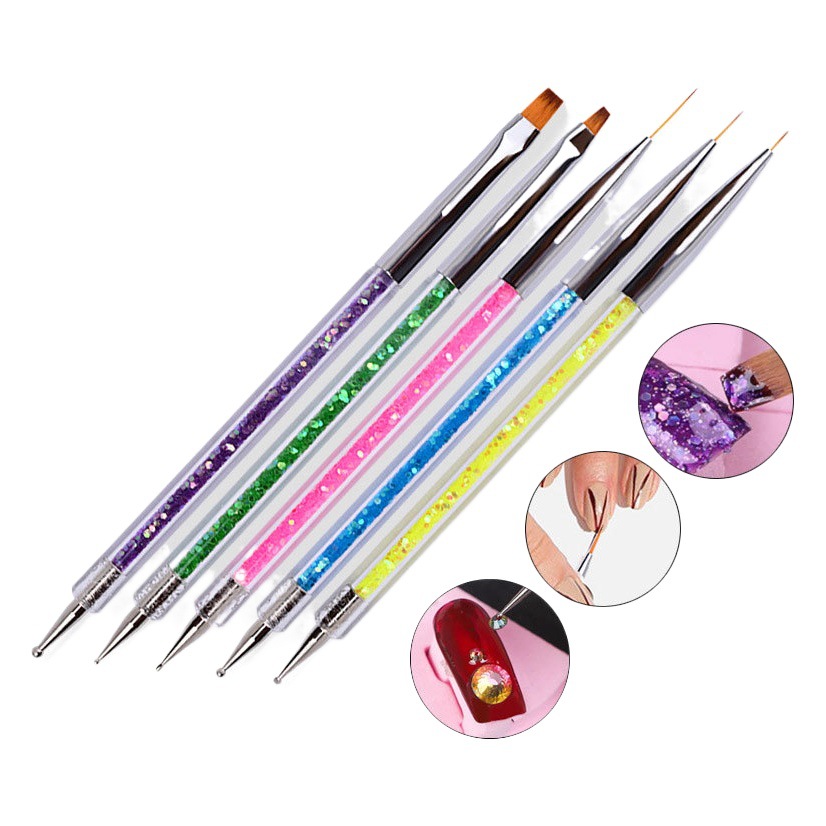 Herramientas de uñas transfronterizas al por mayor punto de doble cabeza taladro dibujo pluma lentejuelas paquete 5 piezas traje pintado pluma al por mayor