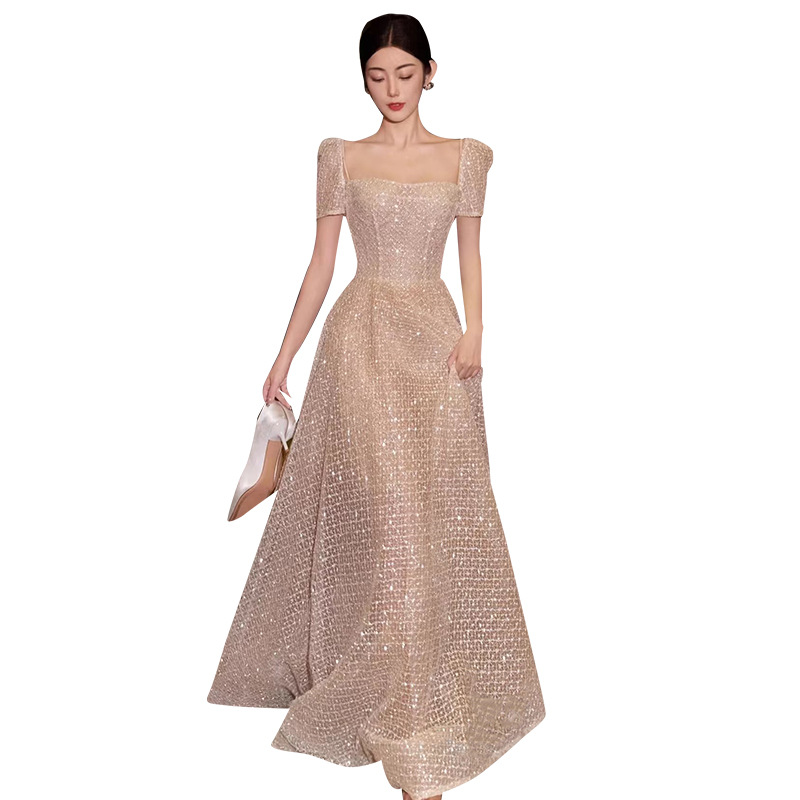 Vestido de novia estilo francés, modelo 2025, elegante escote cuadrado para novia, súper romántico, velo brillante, corte ajustado, vestido de noche para banquete que estiliza la figura. image 5