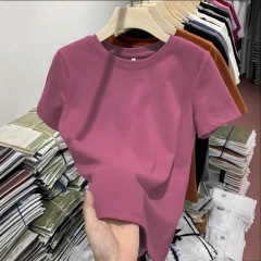 ラズベリー色のホワイトショルダーヘビーコットン半袖Tシャツ無地ベーシック万能インナートップ夏の新スタイル
