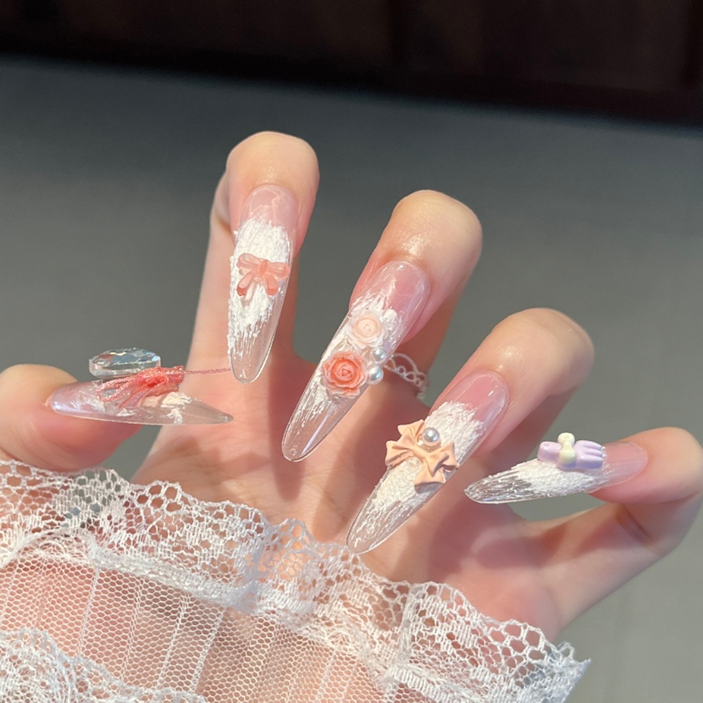 Uñas postizas hechas a mano estilo puro deseo, estilo ojo de gato francés largo, arte de uñas de Año Nuevo, piezas de uñas desmontables terminadas al por mayor. image 133