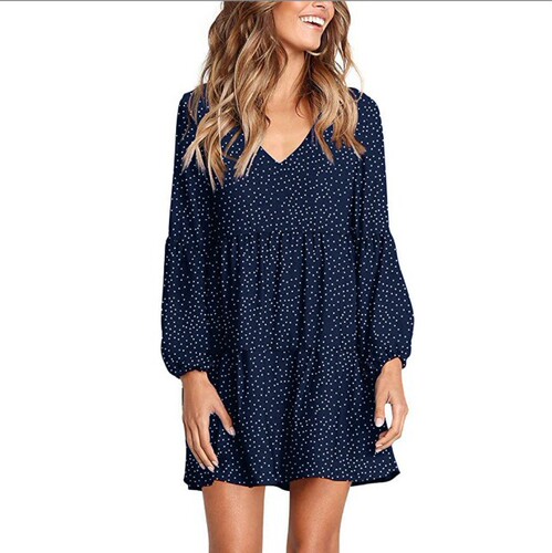 Cross-border European and American women's fashion V-neck long-sleeved polka-dot ruffled loose elegant dress, mid-length lantern skirt.