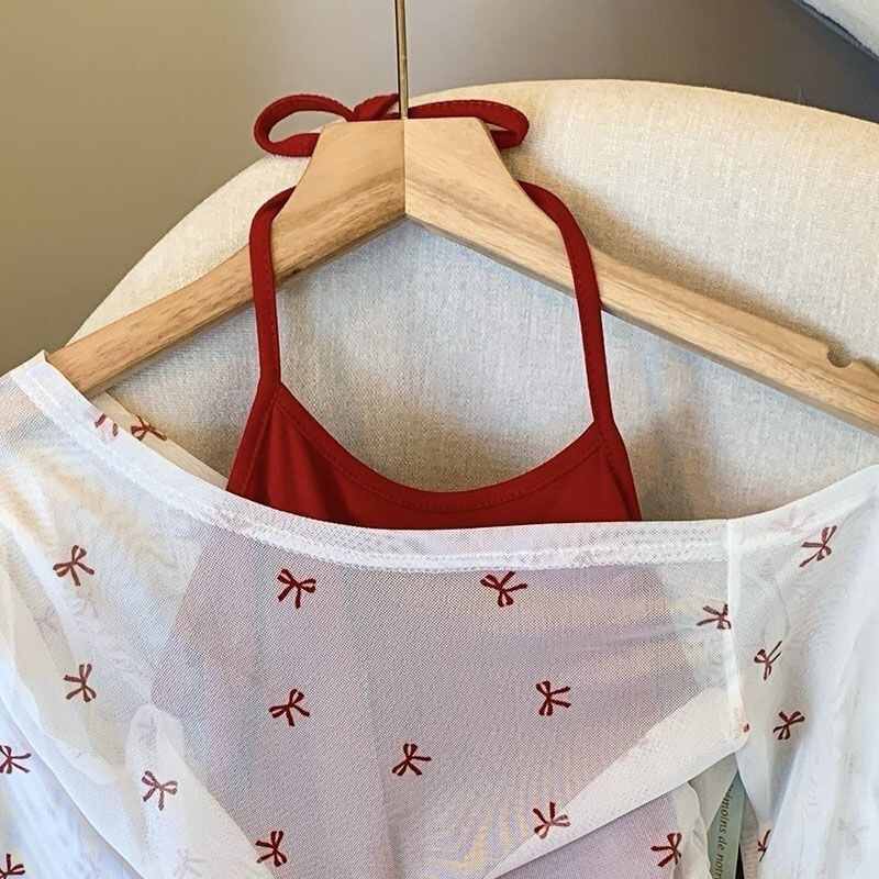 2024 Summer Bowknot Print Pure Desire Hot Girl Two-Piece Set Halter Neck Off-Shoulder Long Sleeve T-Shirt Women's Top Ins