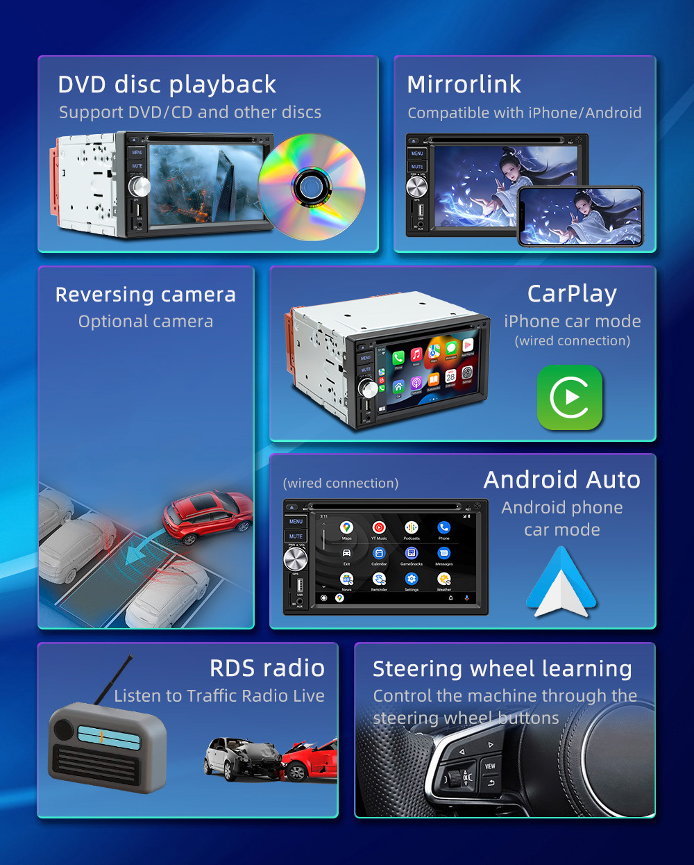Wired Carplay 6.2inch Dual-Station Car Dvd Cd Bluetooth Mp5 Player Hd Reversing Image 12V