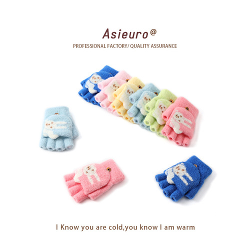 Children's warm knitting gloves with plush and thick finger gloves, new cute cartoon factory wholesale