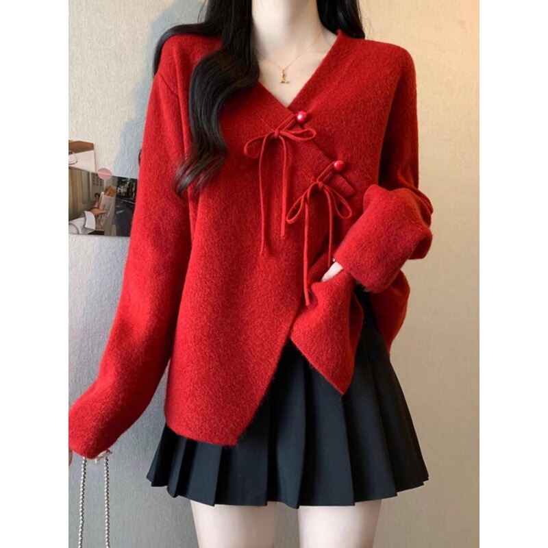 2025 Autumn/Winter New Thickened V-Neck Red Zodiac Year Christmas Design Oversized Sweater Knitted Cardigan for Women