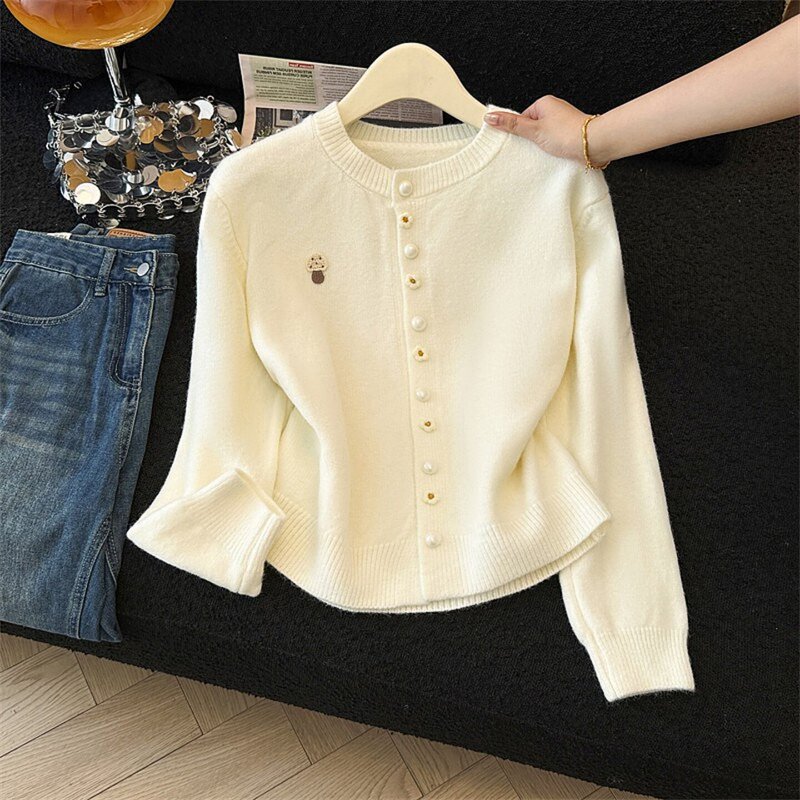 Korean-style mushroom jacquard single-breasted sweater cardigan for women, early spring 2026 New Year model, can be worn as an outer layer, slimming knit cardigan Korean-style mushroom jacquard single-breasted sweater cardigan for women, early spring 2026 New Year model, can be worn as an outer layer, slimming knit cardigan