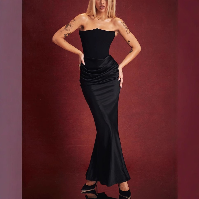 European and American ins cross-border new multi-color waist tube chest off-shoulder fishbone pleated long hip conjoined dress