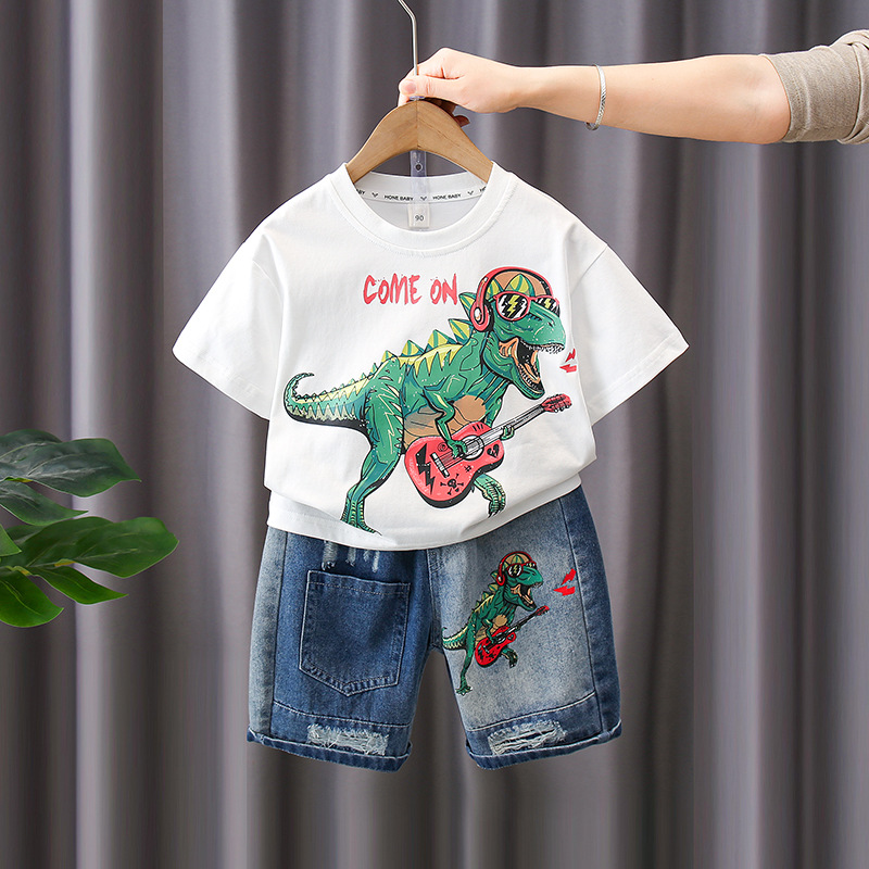 7187 Traje de verano para niños Pantalones cortos de mezclilla de manga corta con estampado de letras para niños Traje de dos piezas Moda de verano para bebés