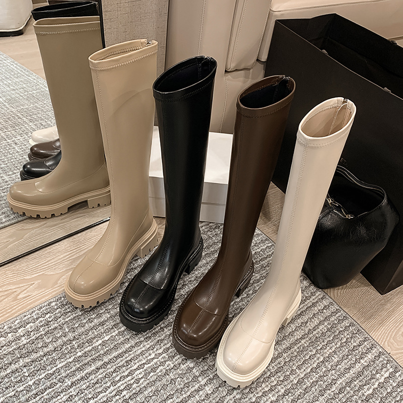Demi-season elastic high boots square toe platform with zipper