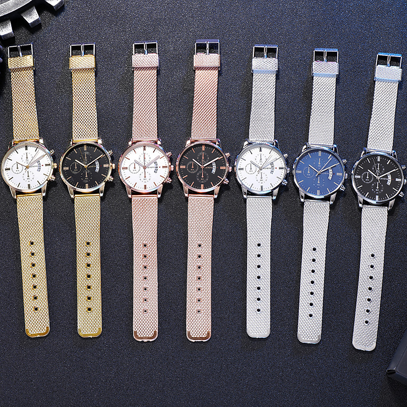 Três GENEVA Olhos Falsos Seis Agulhas Calendário Casual Moda Negócios Quartzo Cinto Relógio Masculino_voghion.com