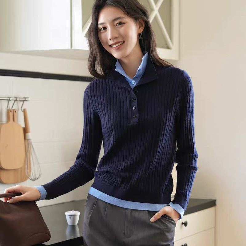 [Intellectual Polo] Machine-Washable Color-Blocked Lapel Base Shirt, Sheep Wool Knitted Sweater for Women, New Spring Style