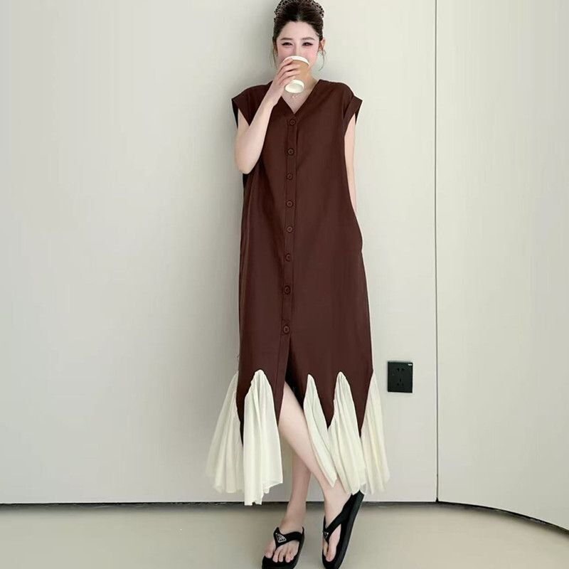 French-Style Retro Fishtail Dress for Women, Summer Plus-Size Loose Fit, Slimming and Relaxed Feel, Patchwork Shirt Long Dress French-Style Retro Fishtail Dress for Women, Summer Plus-Size Loose Fit, Slimming and Relaxed Feel, Patchwork Shirt Long Dress