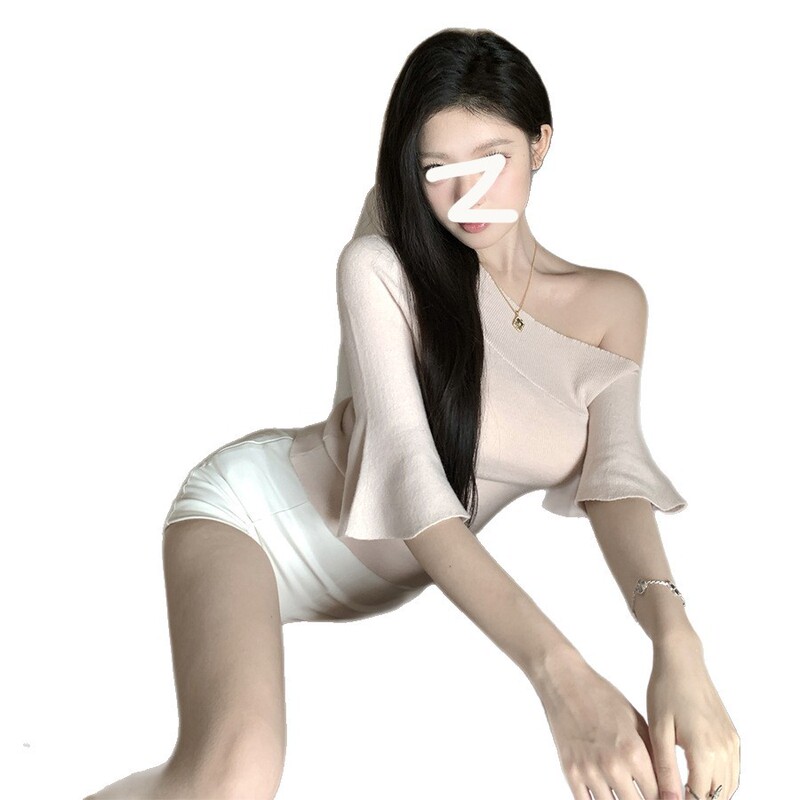 YIDENG2025春夏新作優しいスタイル万能斜め肩ニット蓮の葉袖ウエストTシャツ|undefined