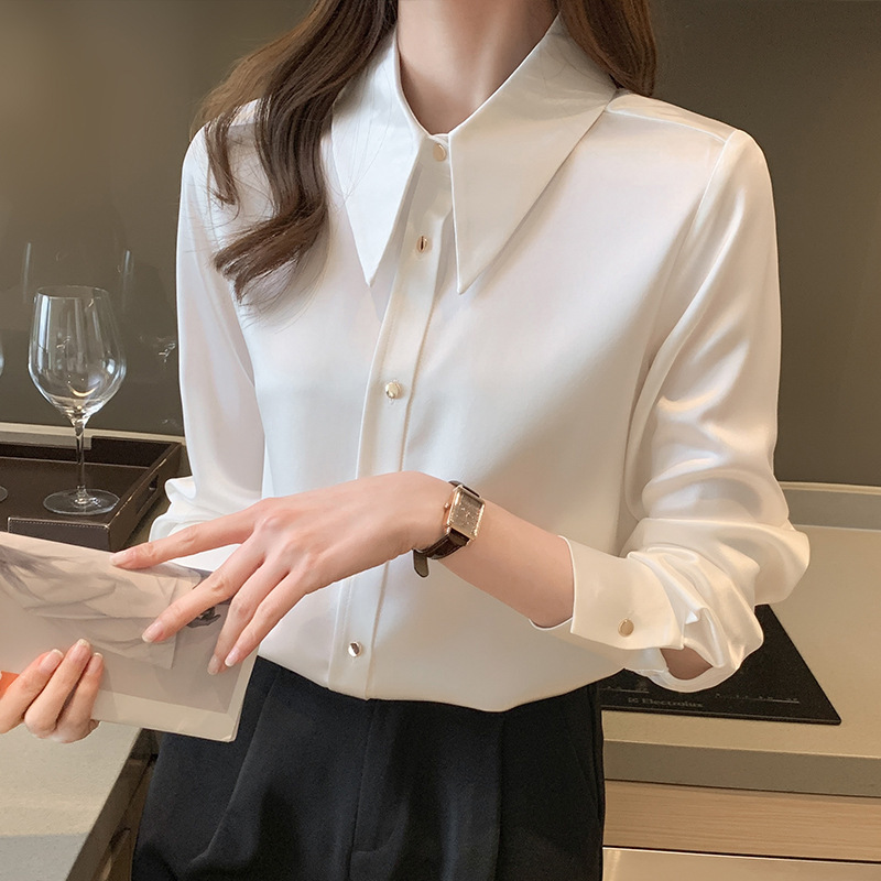 2025 Spring New Long-sleeved Satin Shirt Women's High-class OL Commuter Casual Simple Glossy Shirt Chiffon Shirt 2025 Spring New Long-sleeved Satin Shirt Women's High-class OL Commuter Casual Simple Glossy Shirt Chiffon Shirt