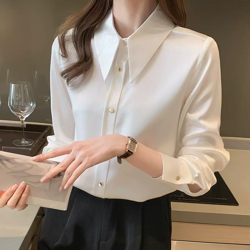 2025春季新款长袖缎面衬衫女高级OL通勤休闲简约光泽衬衣雪纺衫