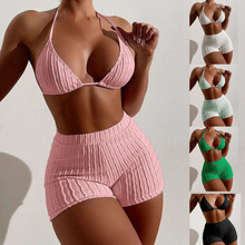2024外贸新款比基尼分体纯色泳衣高腰平角裤显瘦bikini性感ebay