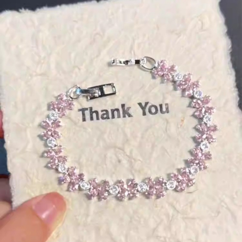 Sparkling Pink White Zircon Full Diamond Bow Bracelet Spring and Summer Sweet Accessible Luxury High-End Whitening Skirt Bracelet for Women