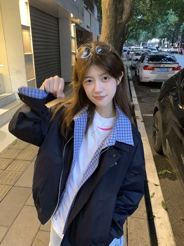 撞色拼接假两件外套男女春秋冬新款美式复古宽松情侣翻领开衫夹克|undefined
