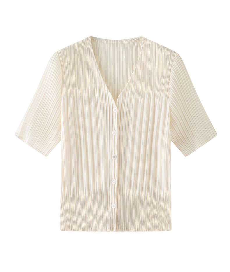 Áo khoác cardigan nữ cổ V tay ngắn xếp ly dáng rộng chống nhăn đi làm — màu be chi tiết 9