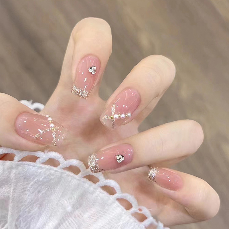 Ice transparent nude color wearing nail popular color white Chanel style commuter pearl diamond flash nail patch finished product